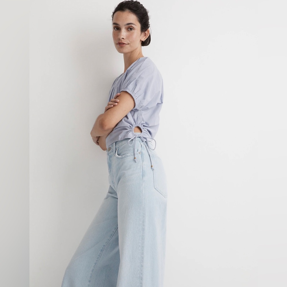 Madewell Embroidered Poplin Puff-Sleeve Cutout Crop Top in Distant Peri Sz Large